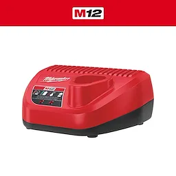 Milwaukee M12 Battery Charger features a red and black design with indicator lights for charging status. Suitable for M12 series batteries, it has a compact and durable build. Ideal for quick and efficient charging of Milwaukee M12 power tool batteries.