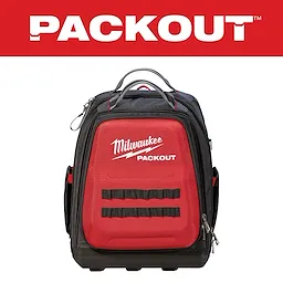 Milwaukee Packout backpack with black and red design, featuring multiple compartments and a front logo under a red "PACKOUT" banner.