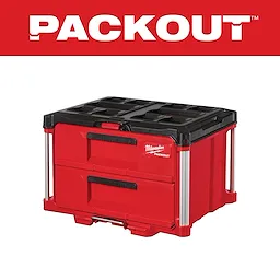 Red PACKOUT 2-Drawer Tool Box with black accents, featuring two pull-out drawers and a top compartment, under the PACKOUT logo.