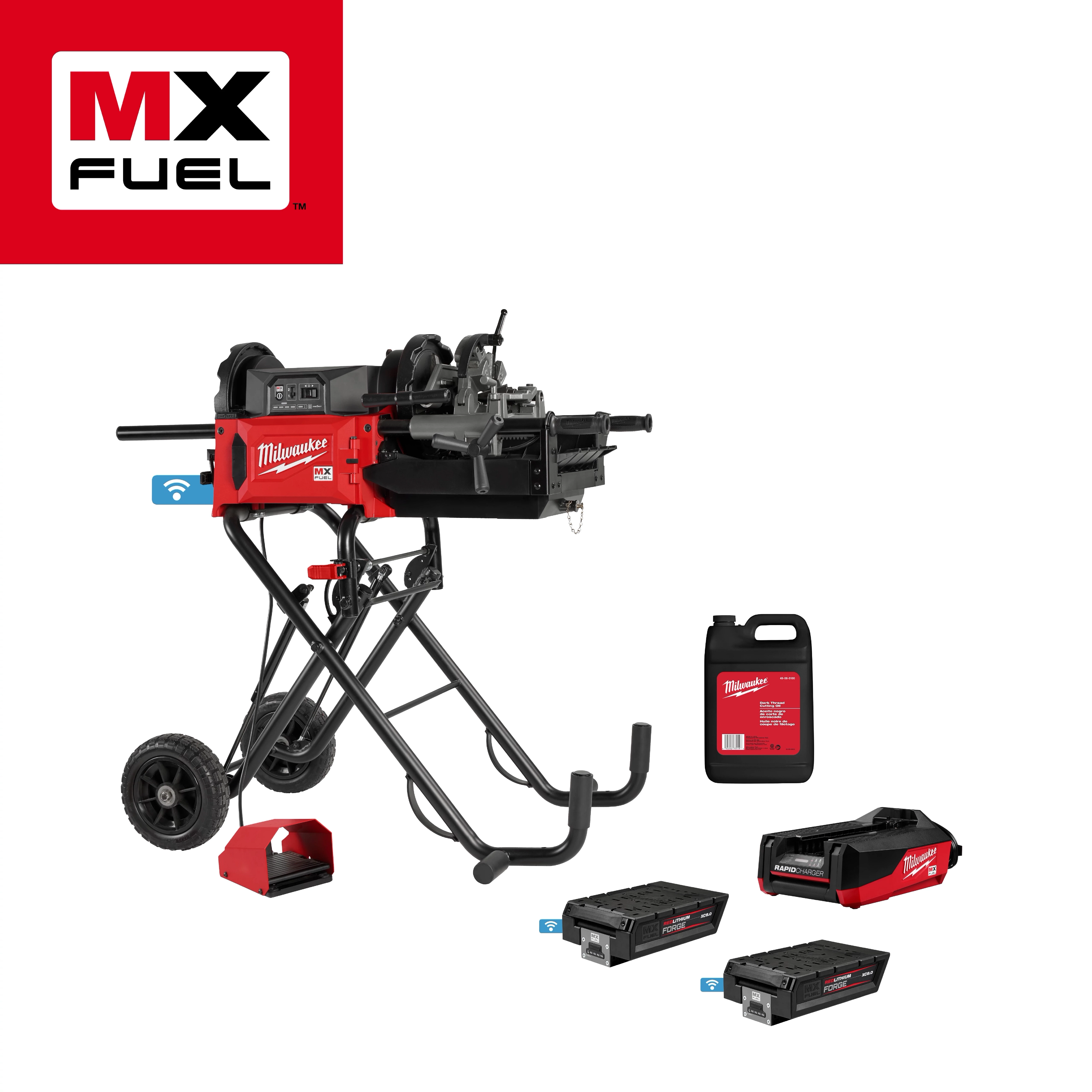 The MX FUEL™ Pipe Threading Machine includes a portable threading unit mounted on a foldable stand with wheels, battery packs, charger, and threading oil container. The machine features red and black coloring with the brand logo prominently displayed. It is designed for threading pipes efficiently on job sites.
