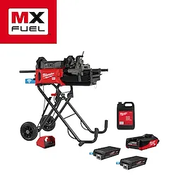 The MX FUEL™ Pipe Threading Machine includes a portable threading unit mounted on a foldable stand with wheels, battery packs, charger, and threading oil container. The machine features red and black coloring with the brand logo prominently displayed. It is designed for threading pipes efficiently on job sites.