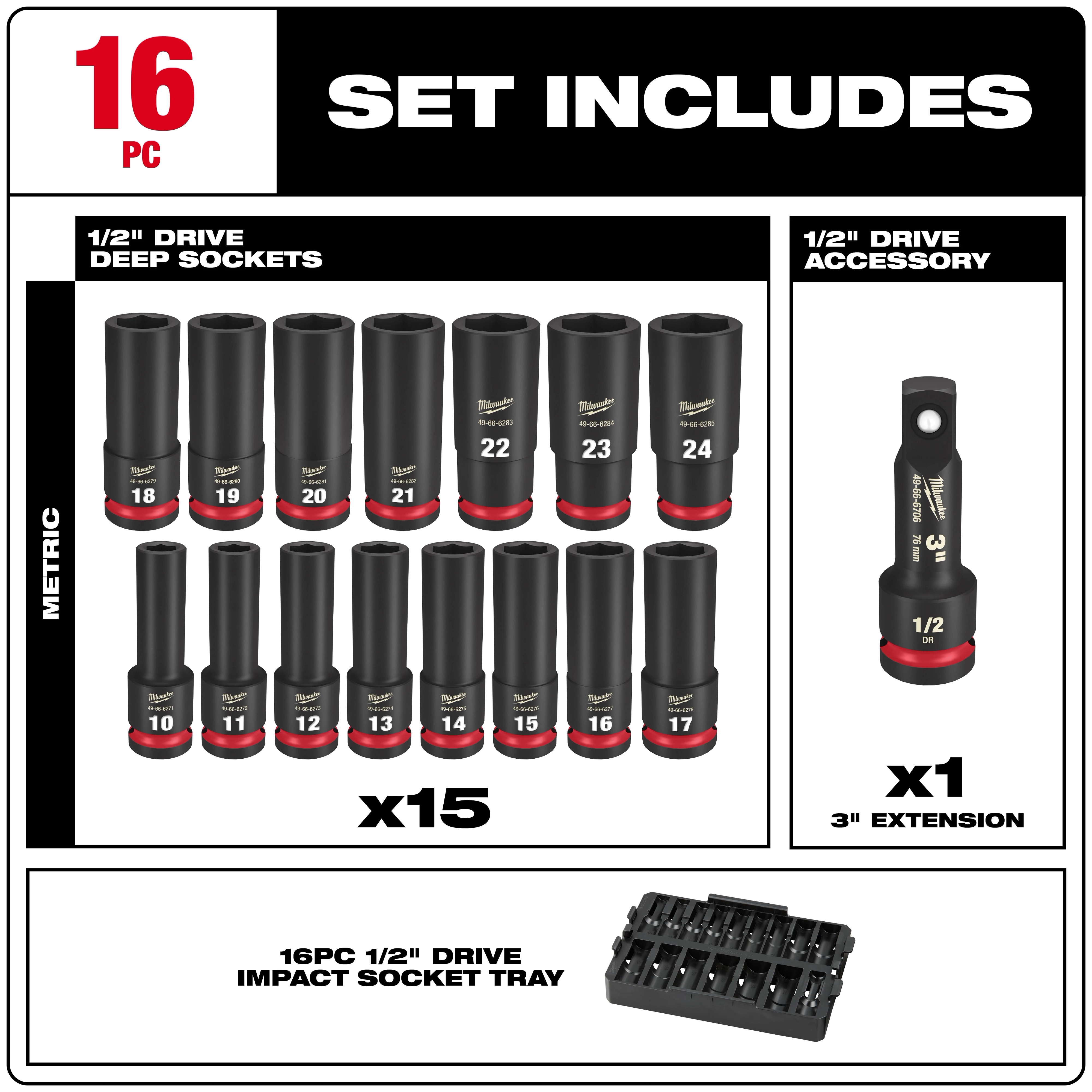 Milwaukee 16-piece 1/2" Drive Metric Deep Impact Socket Set includes 15 deep sockets (sizes 10-24 mm), one 3" extension, and an impact socket tray. The sockets feature a durable black finish with red accents.