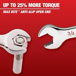 Image showing Mechanic Hand Tools with a focus on a 3/4 open-end wrench labeled "Max Bite Anti-Slip Open End." The text reads "Up to 25% More Torque" against a red background. The wrench is depicted gripping a bolt securely.