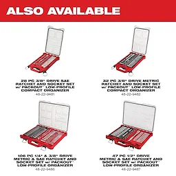 The image shows four Mechanic%20Hand%20Tools sets in red cases. Each set is opened, displaying various ratchets and sockets. The sets include 28, 32, 106, and 47-piece configurations with their respective product codes listed below each case in black text.