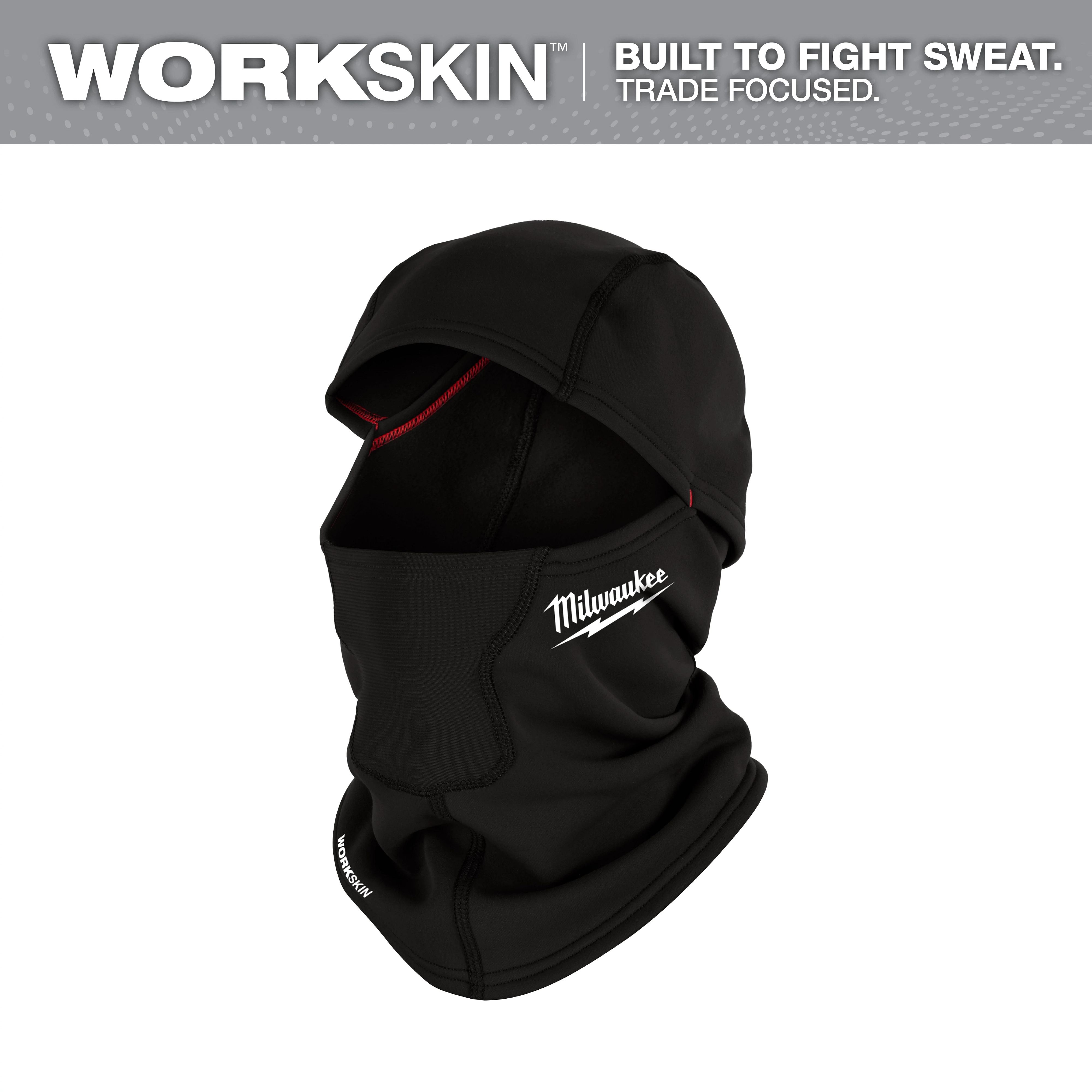 WORKSKIN™ Balaclava in black, designed to combat sweat, with "Milwaukee" in white lettering on the side. The product offers full face and neck coverage.