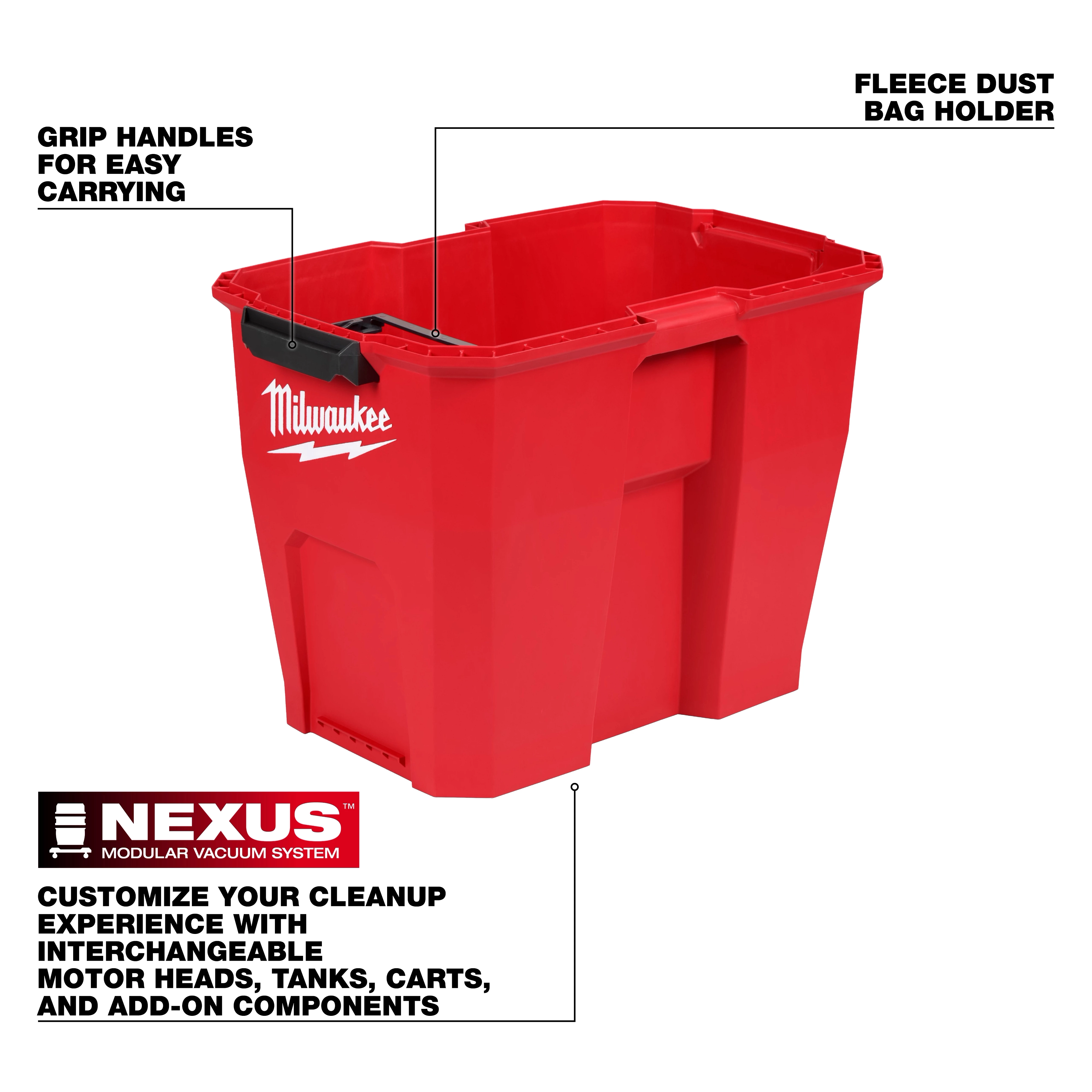 The NEXUS™ 12 Gallon Wet/Dry Vacuum Tank is a red container with fleece dust bag holder and grip handles for easy carrying. The tank features a modular vacuum system logo and allows customization with interchangeable motor heads, tanks, carts, and add-on components. Brand name printed on the side.
