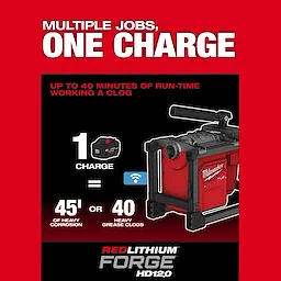 This image features the M18 FUEL™ Sectional Machine for 5/8” & 7/8" Cable, highlighting its ability to handle multiple jobs with one charge, offering up to 40 minutes of run-time per charge, suitable for 45’ of heavy corrosion or 40 heavy grease clogs.