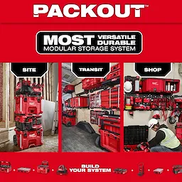 Image of the PACKOUT Rolling Tool Box being used in various settings with the text "PACKOUT - Most Versatile, Durable Modular Storage System"