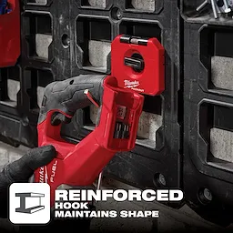 PACKOUT 4" Single Straight Hook attached to a perforated mounting board, holding a red hand tool. Text reads "Reinforced Hook Maintains Shape."