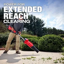 A man uses a handheld leaf blower to clear debris from a sidewalk. The text overlay reads "POWER FOR EXTENDED REACH CLEARING." Behind him are lush green bushes and tall trees under a partly cloudy sky.
