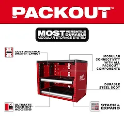 PACKOUT™ Rack is a modular storage system with customizable drawer layout, modular connectivity with all PACKOUT™ components, durable steel body, and ultimate PACKOUT™ access. The red rack with two drawers emphasizes stack and expand capabilities under the bold PACKOUT™ brand header. Ideal for versatile, durable storage solutions.
