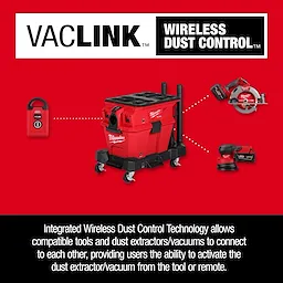 The Milwaukee M18 FUEL NEXUS Dual Battery Wet/Dry Vacuum Motor Head with PACKOUT Compatibility & VACLINK Wireless Dust Control Technology connects various tools for efficient dust extraction. The image shows the vacuum with compatible tools and a remote, highlighting the integrated wireless dust control feature.