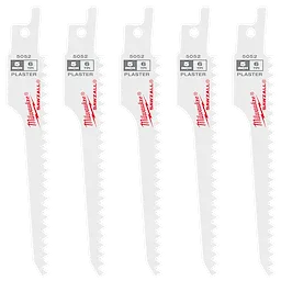 Five 5-inch 6 TPI (teeth per inch) SAWZALL® blades for plaster, arranged in a row against a white background. Each blade has a white body with gray marking indicating the size and TPI, along with the red SAWZALL® branding. Package contains five blades.