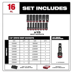 SHOCKWAVE Impact Duty 1/2 Drive Metric Deep Well PACKOUT Socket Set 16 Piece