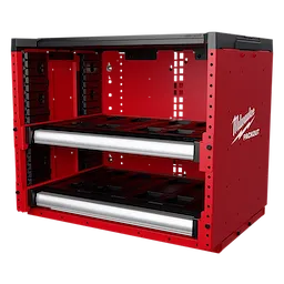 The PACKOUT™ Rack by Milwaukee is a red metal shelving unit with two adjustable racks designed to store and organize tools and equipment. The unit features black trim and the Milwaukee logo on the side.