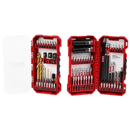 This image shows the SHOCKWAVE™ Impact Duty Drill, Drive & Fasten Set – 75PC. The opened red case contains various drill bits, driver bits, nut drivers, and other fastening tools. The clear plastic cover is visible on the left side.