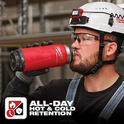Person wearing a white hard hat holding a red and black insulated bottle labeled "App%20Shot%20Overlay" with "All-Day Hot & Cold Retention" text.