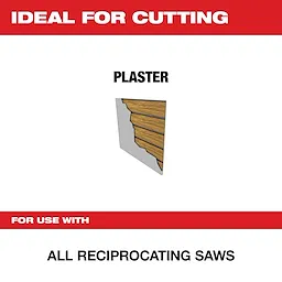 Milwaukee Saw Blade ideal for cutting plaster is compatible with all reciprocating saws. The image features text with a graphic showing plaster being cut on a wooden wall.