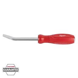 The image shows a Milwaukee multi-tool screwdriver with a red handle and a flat, angled tip. It includes a "Lifetime Guarantee" badge in the bottom left corner.