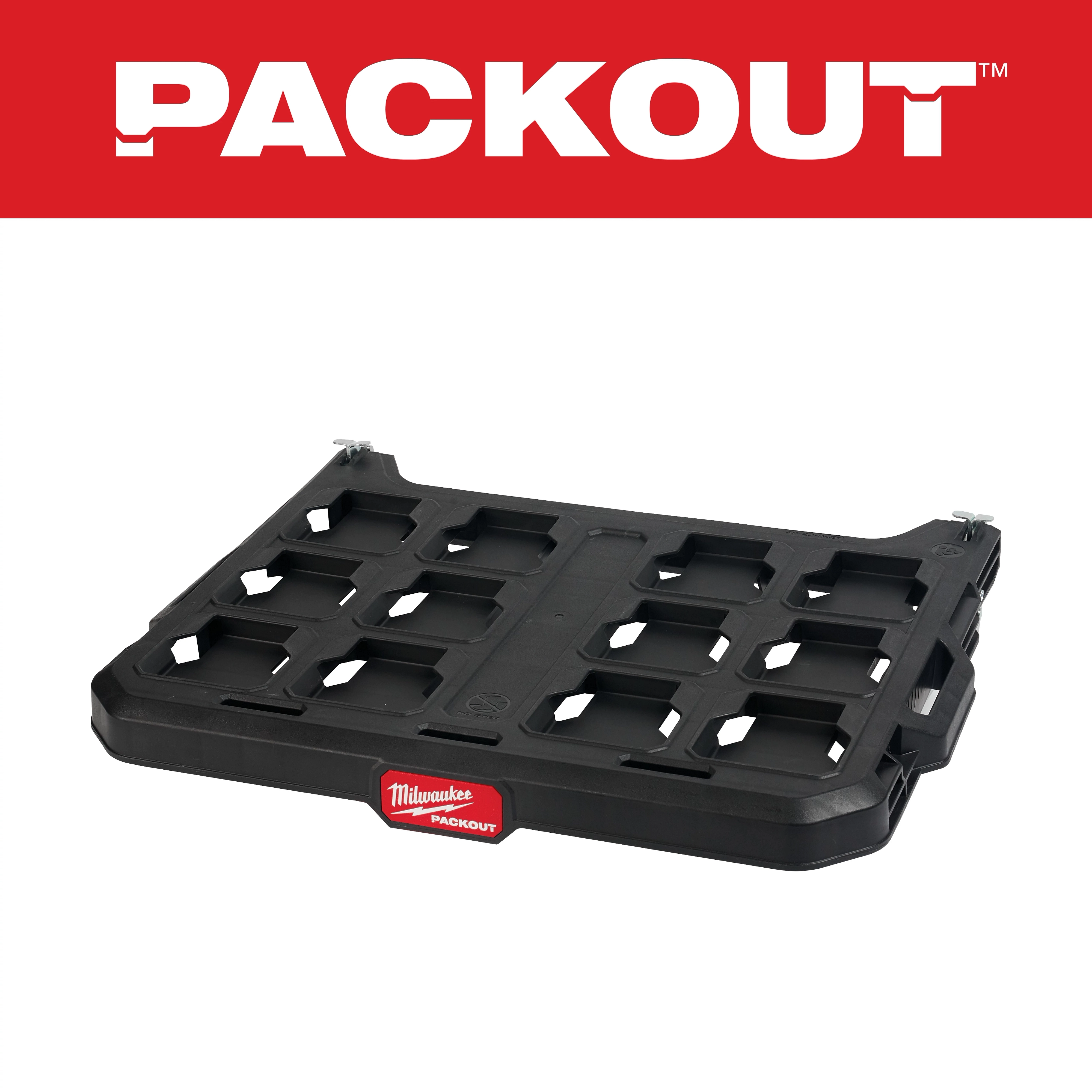 PACKOUT Shelf for E-Track is a black plastic shelf with multiple cutouts for securing tools and accessories, branded with Milwaukee.