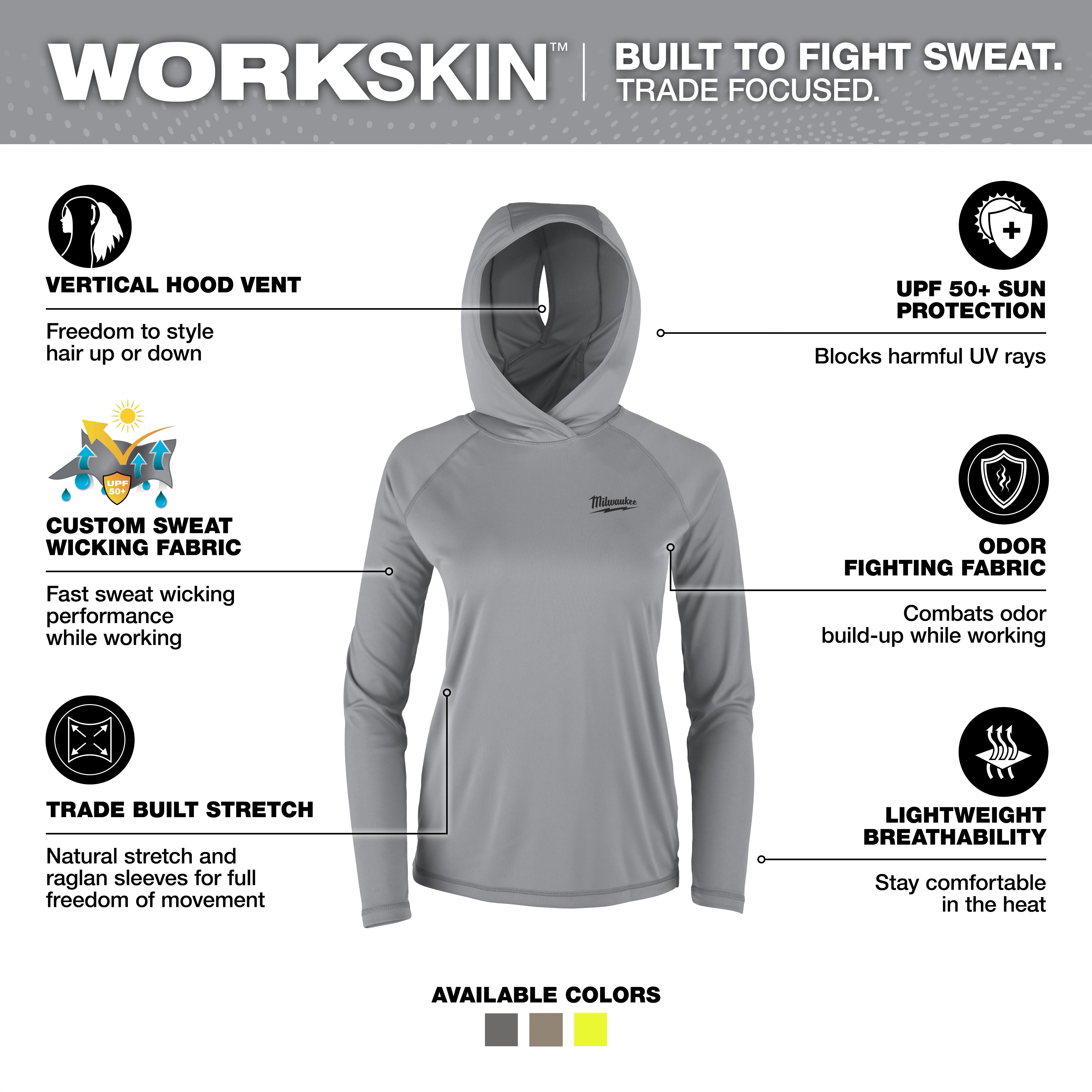 Women's WORKSKIN Hooded Shirt - Gray with features like vertical hood vent, UPF 50+ sun protection, sweat-wicking, odor-fighting fabric, and stretchability.
