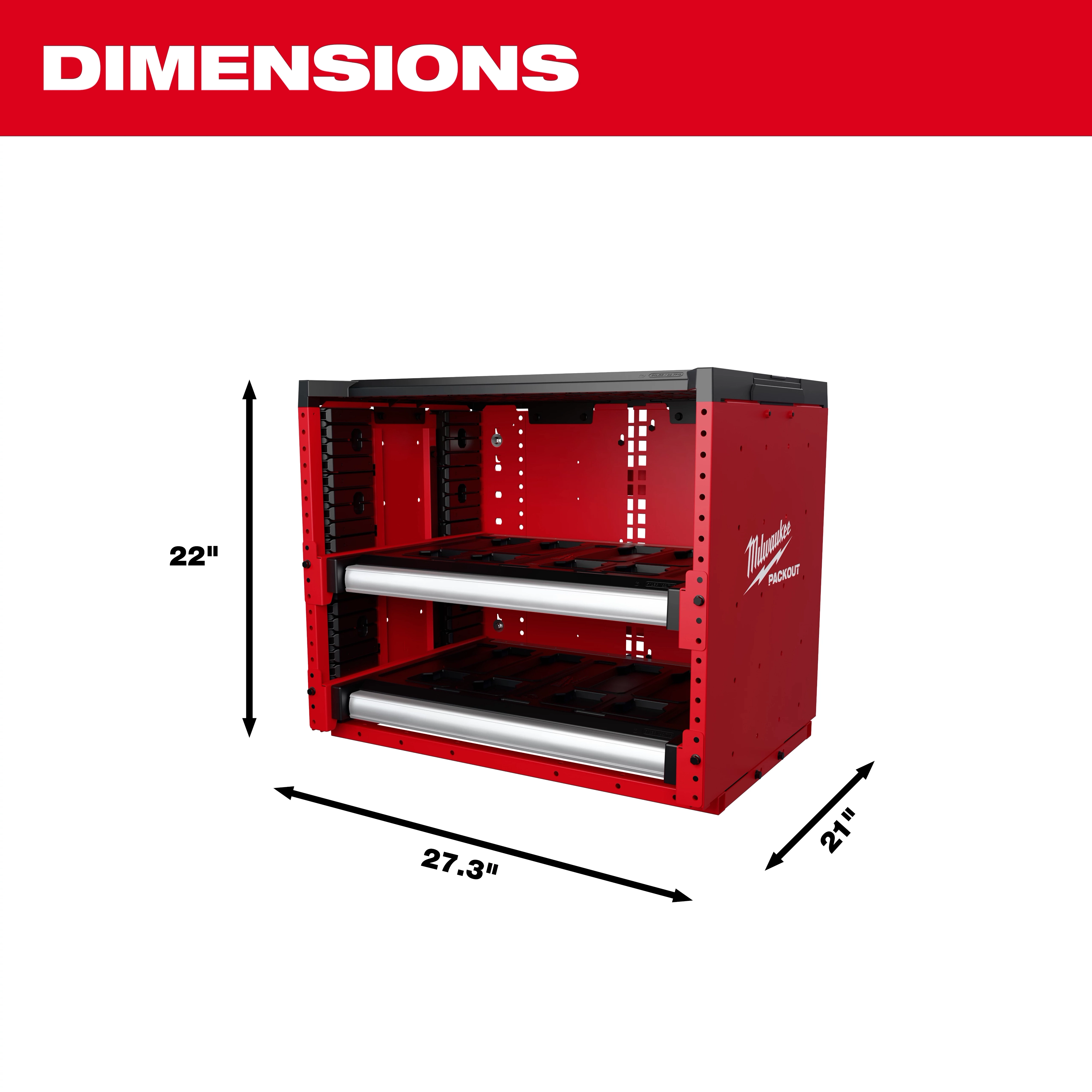 The PACKOUT™ Rack by Milwaukee is a red storage unit with dimensions of 22 inches in height, 27.3 inches in width, and 21 inches in depth. The rack features two shelves and side mounting brackets.