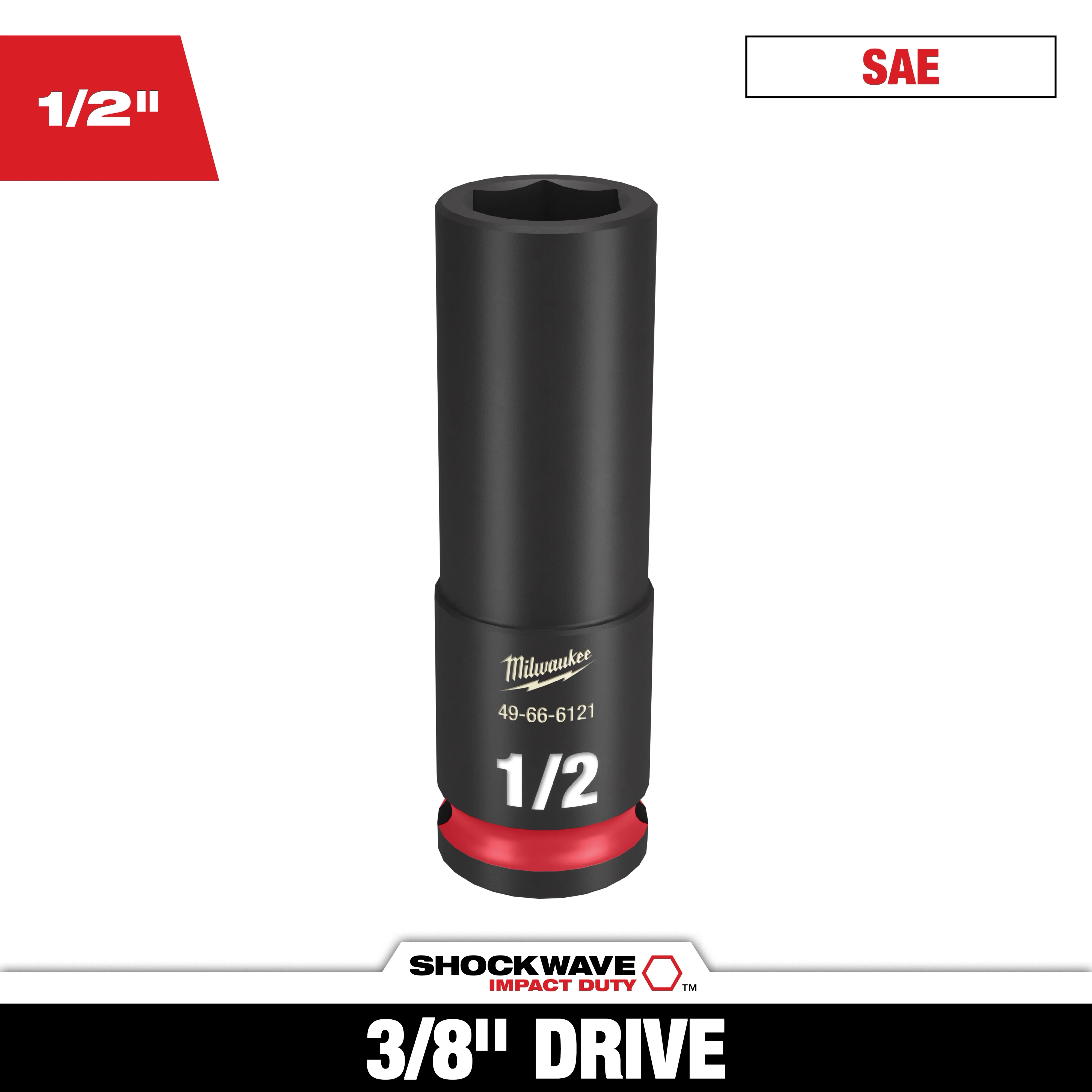 Milwaukee SHOCKWAVE 3/8 in. Drive 1/2 in. Deep 6 Point Impact Socket, 1 Pack, is a black, cylindrical socket tool designed for heavy-duty impact use, featuring a 1/2 inch size label and a red base highlight.