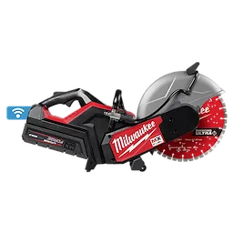 A black and red MX FUEL™ 14" Cut-Off Saw with RAPIDSTOP™ Brake is shown, featuring a compact and ergonomic design. The saw includes a handle and a large circular diamond blade labeled "Milwaukee MX FUEL™" and "Diamond Ultra". A WiFi symbol is visible in the background.