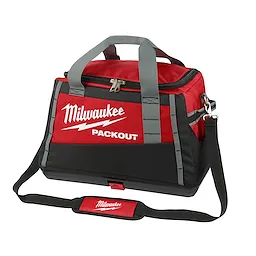 Milwaukee PACKOUT Tool Storage Bag, red and black with gray handles, zipper closure, and shoulder strap, designed for carrying tools.