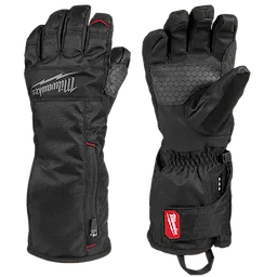 Heated Winter Gloves are black, insulated gloves featuring adjustable straps, honeycomb-patterned grips, and visible brand logos with red accents. The gloves have long cuffs and a zipper on the side for battery storage, designed to protect hands in cold environments effectively.