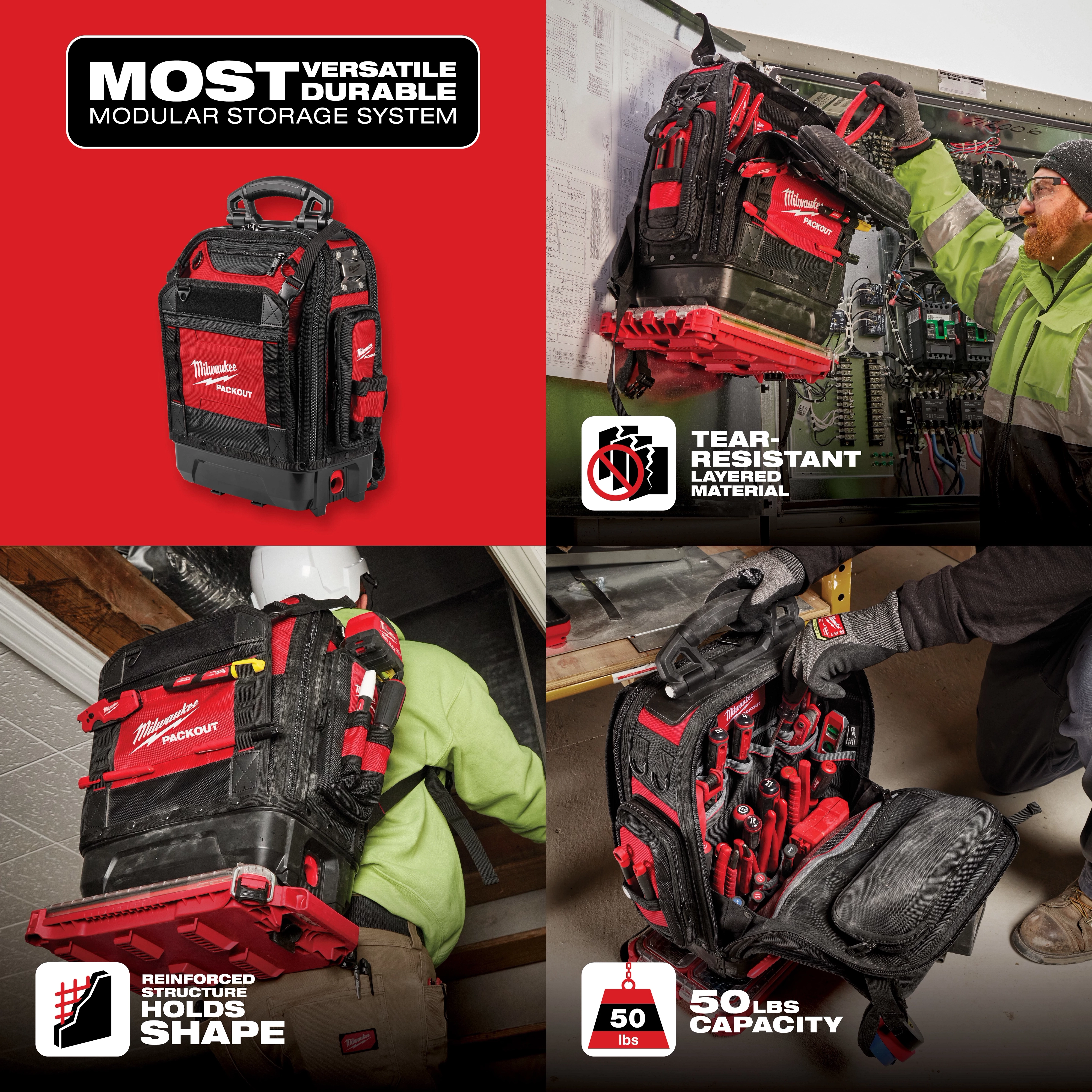 The Milwaukee PACKOUT backpack is a modular storage system made from tear-resistant material, with reinforced structure, and a capacity of 50lbs.