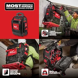 The Milwaukee PACKOUT backpack is a modular storage system made from tear-resistant material, with reinforced structure, and a capacity of 50lbs.