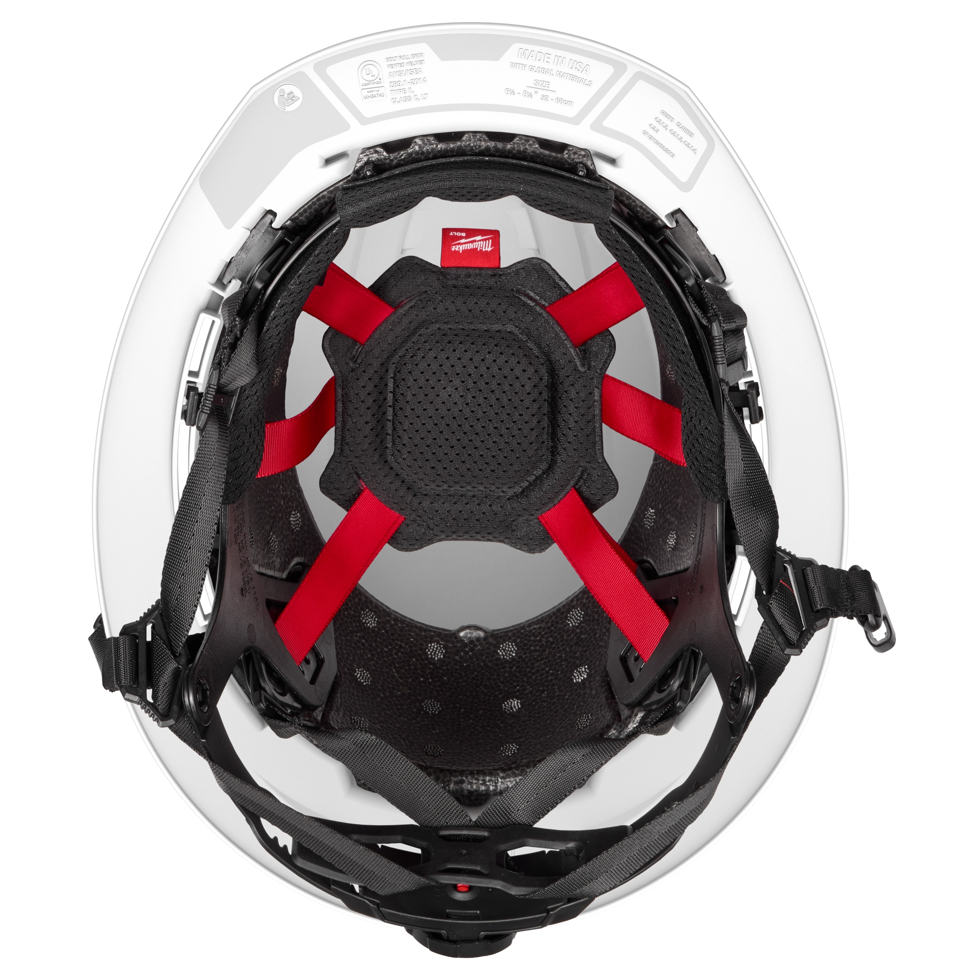 The image shows the inside view of a Milwaukee safety helmet with black padding and red straps. The padding features ventilation holes, and the straps are adjustable for a secure fit.