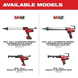 This image displays four different models of caulk and adhesive guns, divided into M18 and M12 categories. Each side shows a 20 oz aluminum barrel sausage style and a 10 oz gun with their respective model numbers: 2642-21CT, 2442-21, 2641-20, and 2441-20.