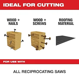 This image illustrates that the product is ideal for cutting wood with nails, wood with screws, and roofing material. Suitable for use with all reciprocating saws.
