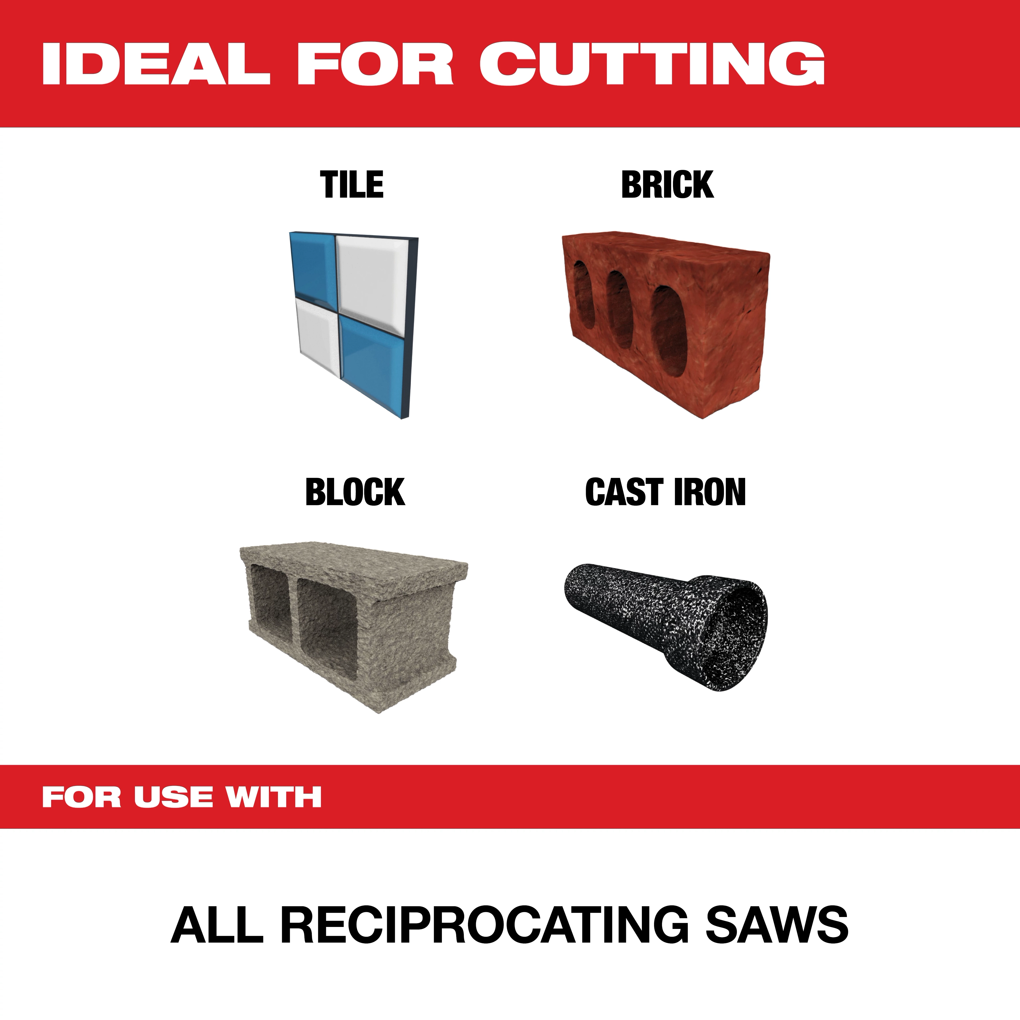Product description image promoting reciprocating saw blades for cutting tile, brick, block, and cast iron. The text emphasizes compatibility with all reciprocating saws.
