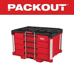 PACKOUT 4 Drawer Tool Box in red with black top, metal corner reinforcements, and a locking bar. Brand logo is visible on the box.