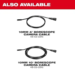 The image shows two borescope camera cables with specifications. The top cable is a 10mm, 4-foot borescope camera cable with part number 48-53-3315. The bottom cable is a 10mm, 10-foot borescope camera cable with part number 48-53-3316. Text at the top reads "ALSO AVAILABLE" on a red background.