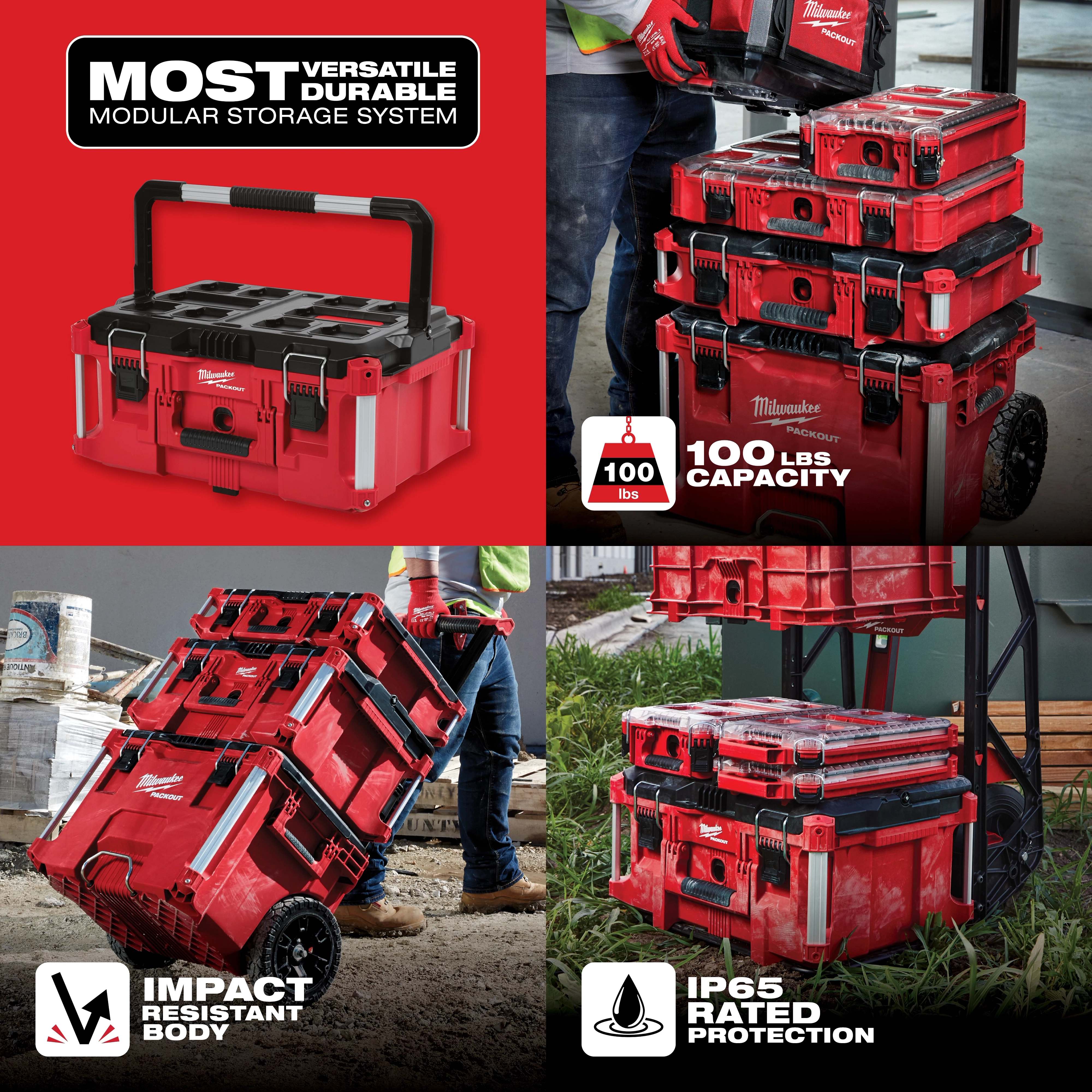 Milwaukee PACKOUT Large Tool Box offers a modular storage system with 100 lbs capacity, impact-resistant body, and IP65 rated protection.