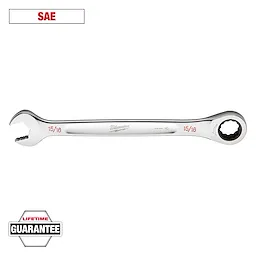 Image of a Milwaukee 15/16 inch SAE ratcheting combination wrench with the label "Lifetime Guarantee" in the lower left corner. The wrench features an open end and a ratcheting box end.