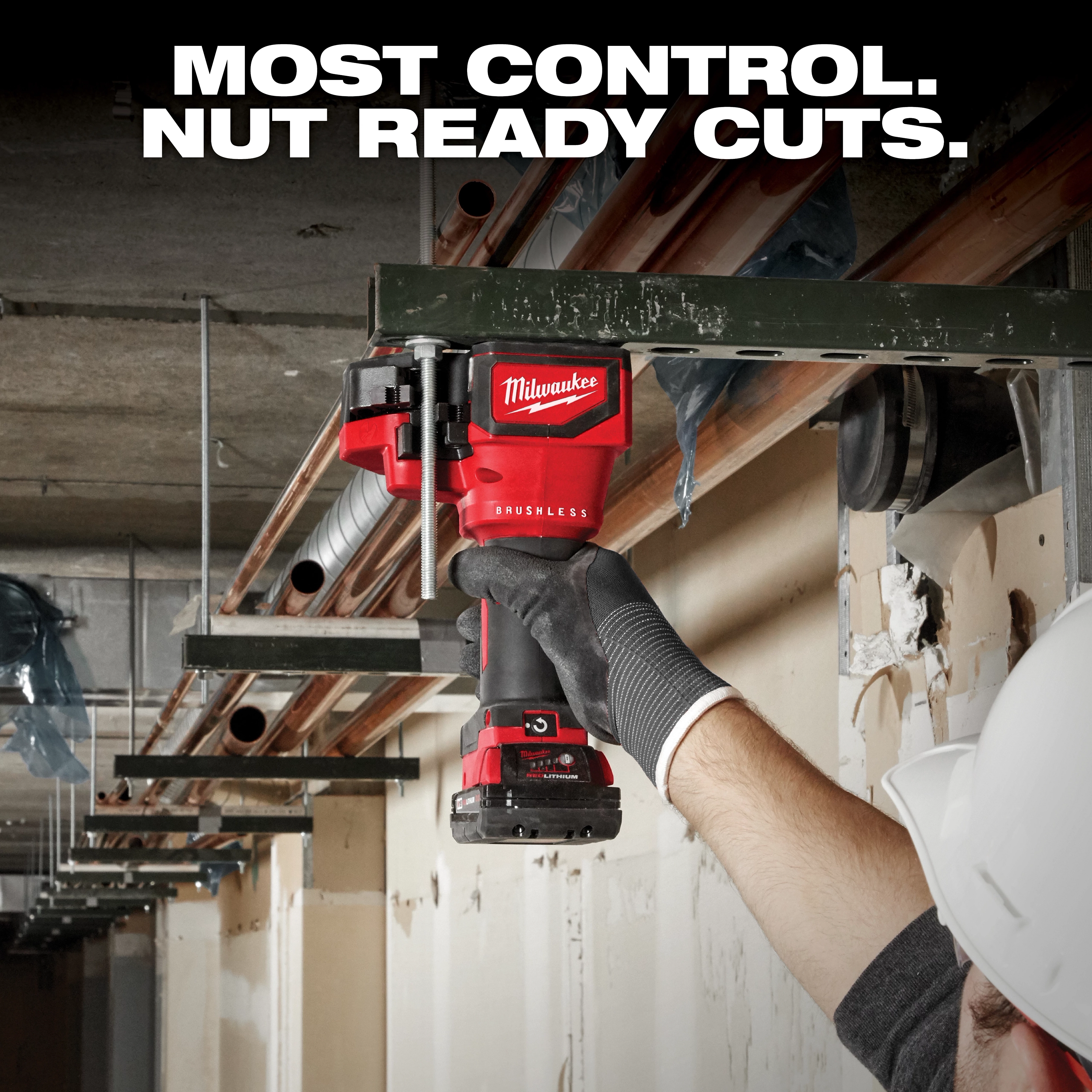 A person wearing work gloves and a hard hat uses a Milwaukee Brushless power tool to cut a metal beam. The image highlights the tool's ability to make precise cuts, as suggested by the text, "MOST CONTROL. NUT READY CUTS."