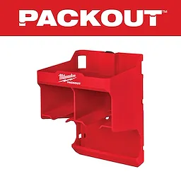 Red PACKOUT Tool Station with two slots and a pocket for organizing tools. "Milwaukee PACKOUT" text is displayed on the front.