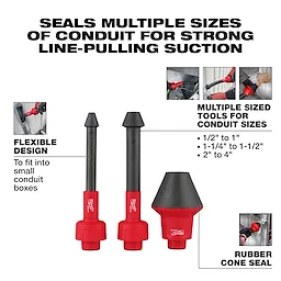 Image of the AIR-TIP™ Conduit Line Puller Kit. The kit includes three red and black pullers. Text indicates it seals multiple conduit sizes for strong line-pulling suction, with flexible design, and rubber cone seal. Sizes listed are 1/2" to 1", 1-1/4" to 1-1/2", and 2" to 4".