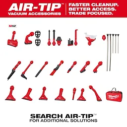 The image displays various AIR-TIP™ Vacuum Accessories including nozzles, brushes, tubes, and other attachments in red and black. The top of the image has the text, "AIR-TIP™ Vacuum Accessories," along with the phrases, "Faster Cleanup," "Better Access," and "Trade Focused." A Milwaukee tool bag is also visible.