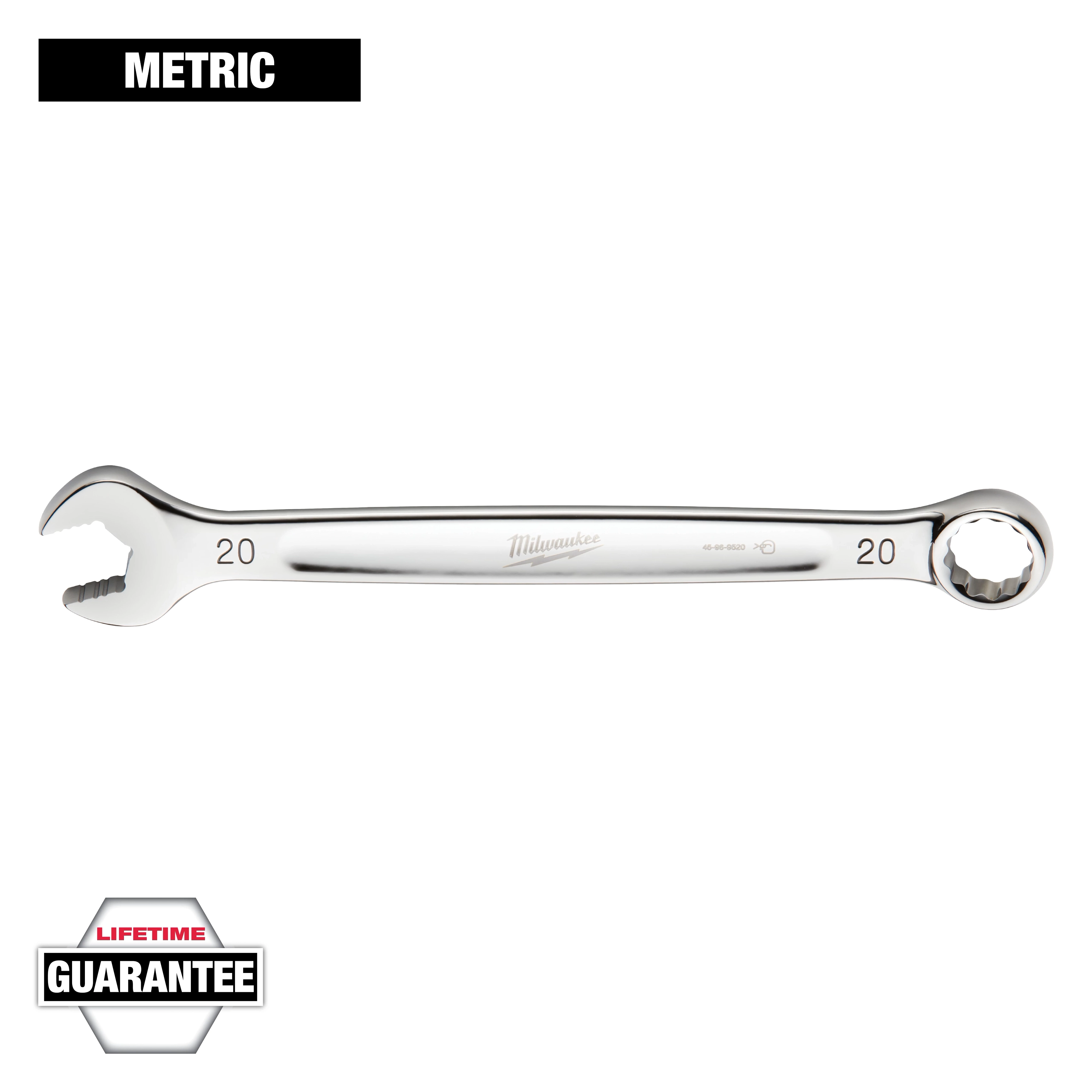 This image features a metric Milwaukee combination wrench with a 20 mm size. One end is open, and the other is a closed ring. "Lifetime Guarantee" text is present in the bottom left corner.