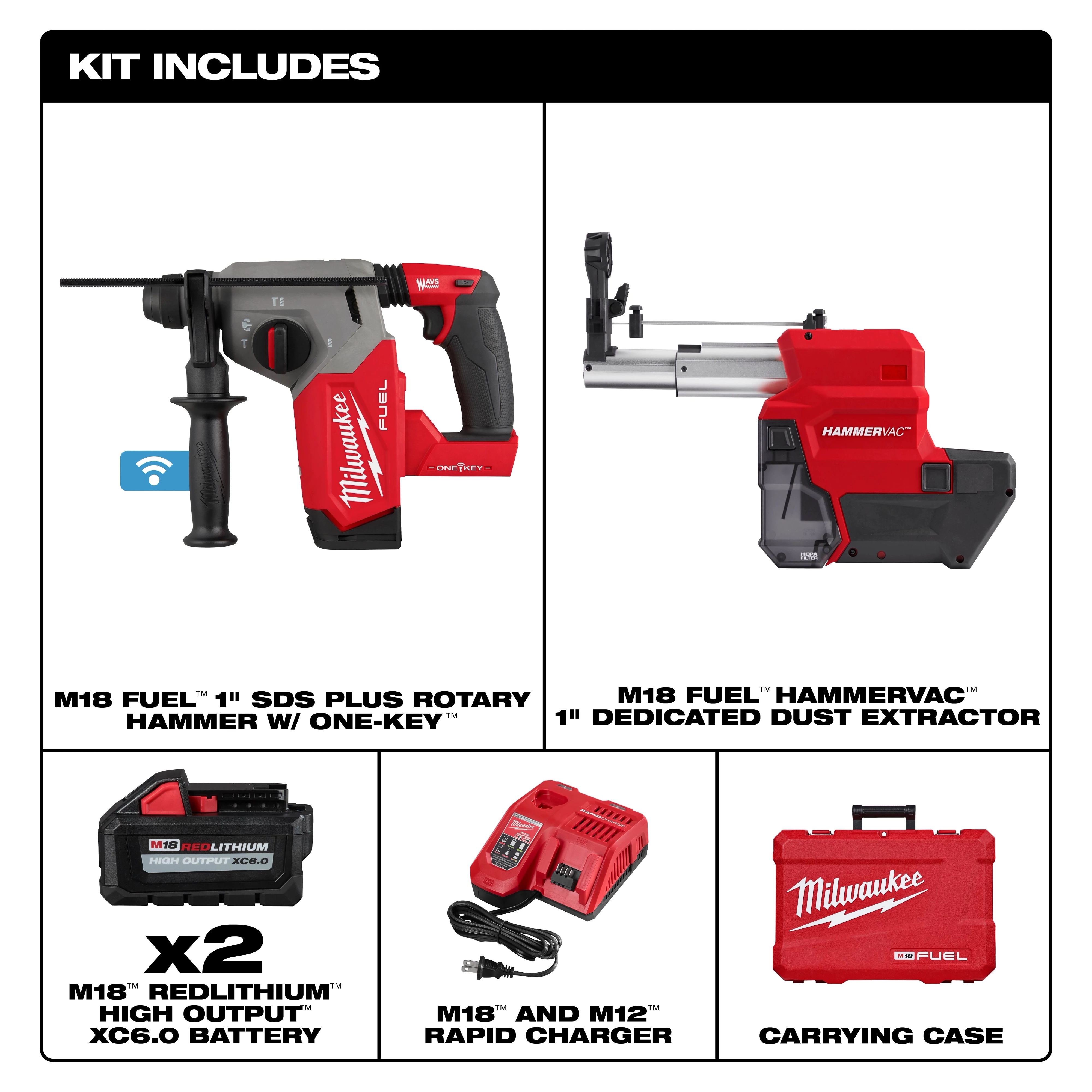 M18 FUEL™ 1" SDS Plus Rotary Hammer w/ ONE-KEY™ Dust Extractor Kit Includes