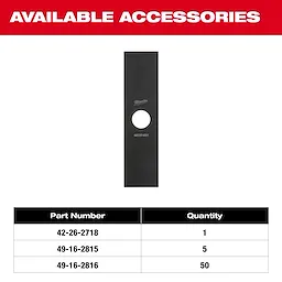 The image shows a black blade accessory for the M18 FUEL™ Edger. The top section states "Available Accessories" in red. Below the blade, a table lists part numbers 42-26-2718 (quantity 1), 49-16-2815 (quantity 5), and 49-16-2816 (quantity 50).