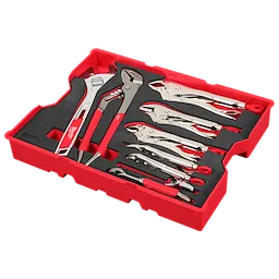 A 9-piece Pliers and Wrench Set with Tray for PACKOUT Drawers is displayed. The red tray holds a variety of pliers and wrenches with red and metallic finishes, neatly arranged in designated slots within protective padding.