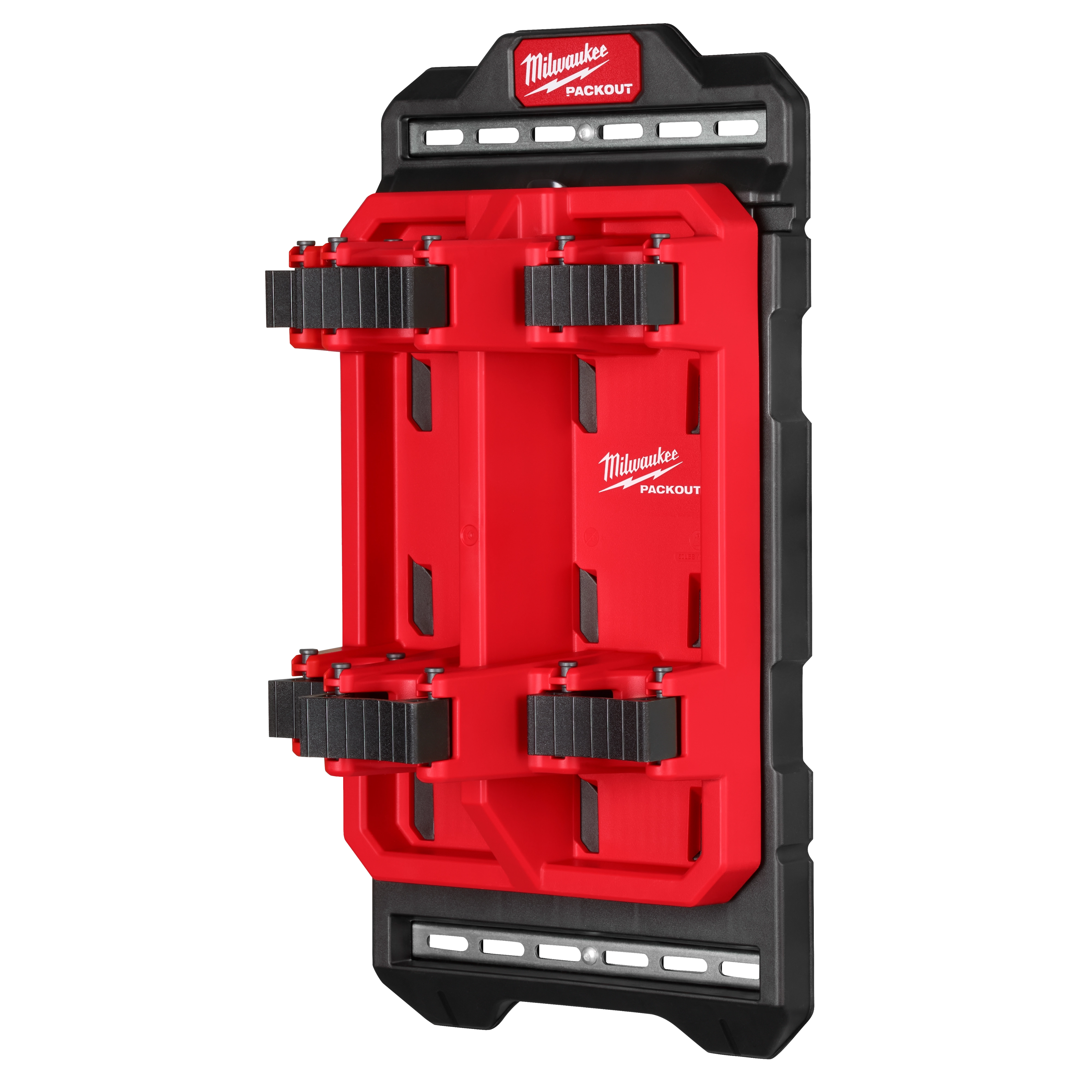 PACKOUT Compact Wall Plate in red and black with mounting brackets for tool storage, branded with Milwaukee logo.