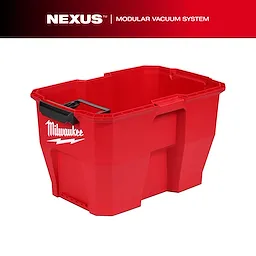 The NEXUS™ 9 Gallon Wet/Dry Vacuum Tank is a red plastic container with a black handle, designed by Milwaukee. It features a robust build for industrial use and integrates into the modular vacuum system.